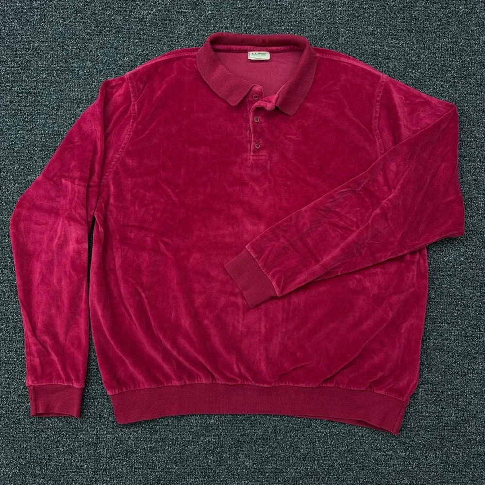 Vintage LL Bean‎ Velour Polo Shirt Mens XL  Long Sleeve Burgundy Red Made in USA